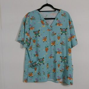 GT Performance Womens Scrub Top 2X Blue Bunny Carrot Whimsical Pediatric Nurses